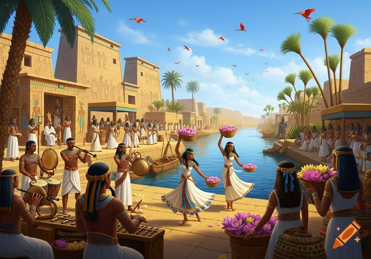 Ancient Egyptian festival scene with musicians playing by a river, and two women dancing with baskets of lotus flowers. Buildings with hieroglyphics line the river.