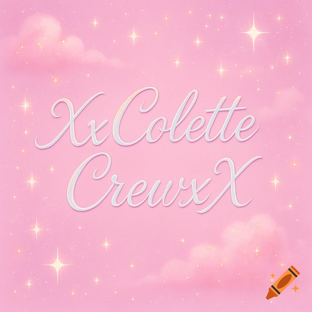 Pastel pink sparkly background with soft clouds and white script text 'XxColette CrewxX'.