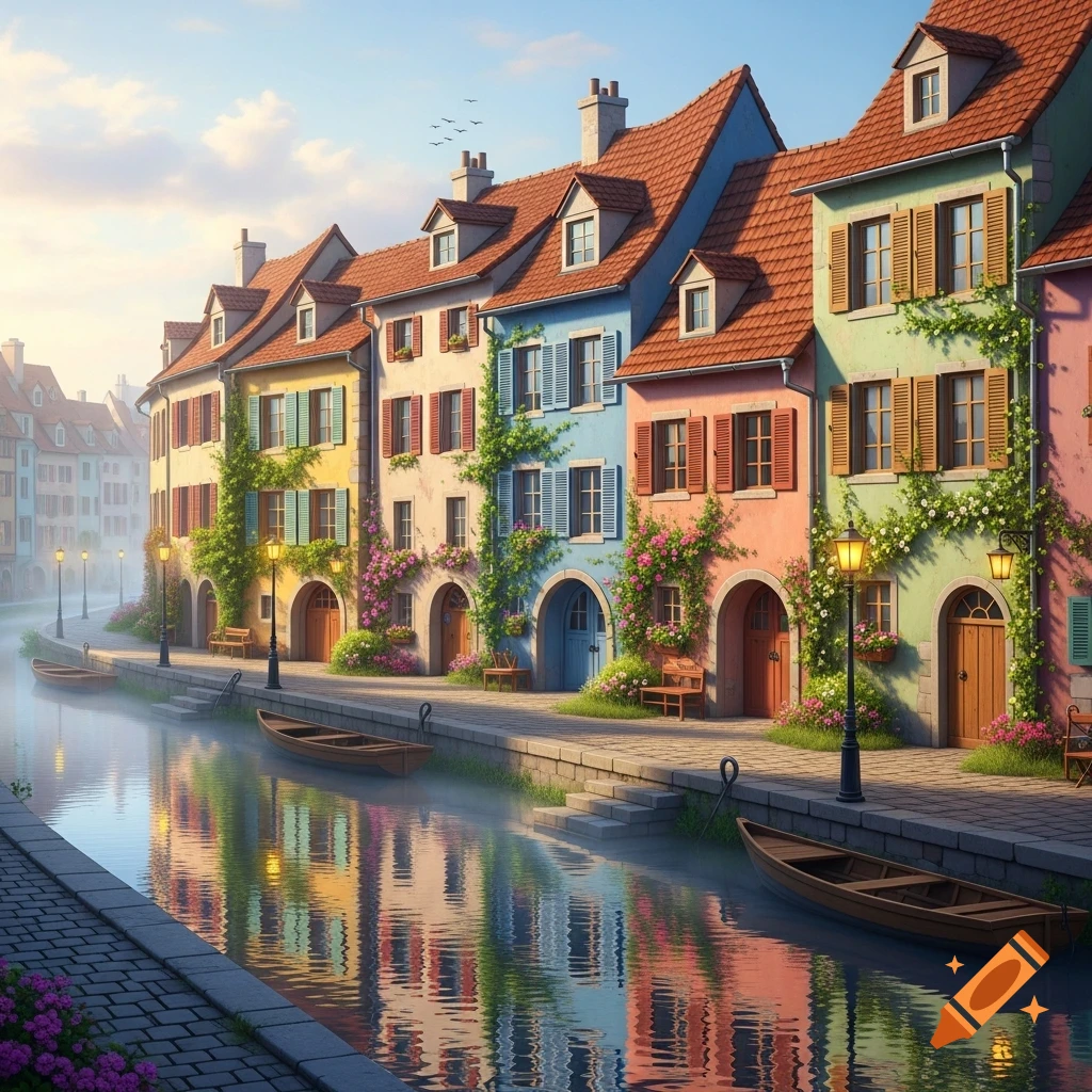 Colorful houses with red roofs and climbing vines line a misty canal where small boats float, under a clear sky.