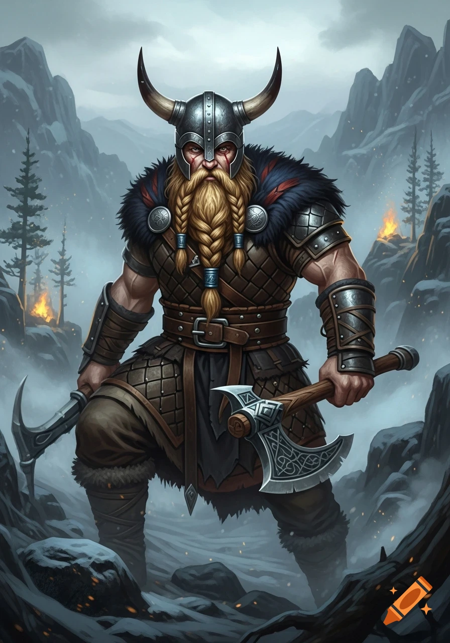 A formidable Viking warrior with a braided beard, horned helmet, and a scar, holds an axe and a pick in a snowy mountain landscape.