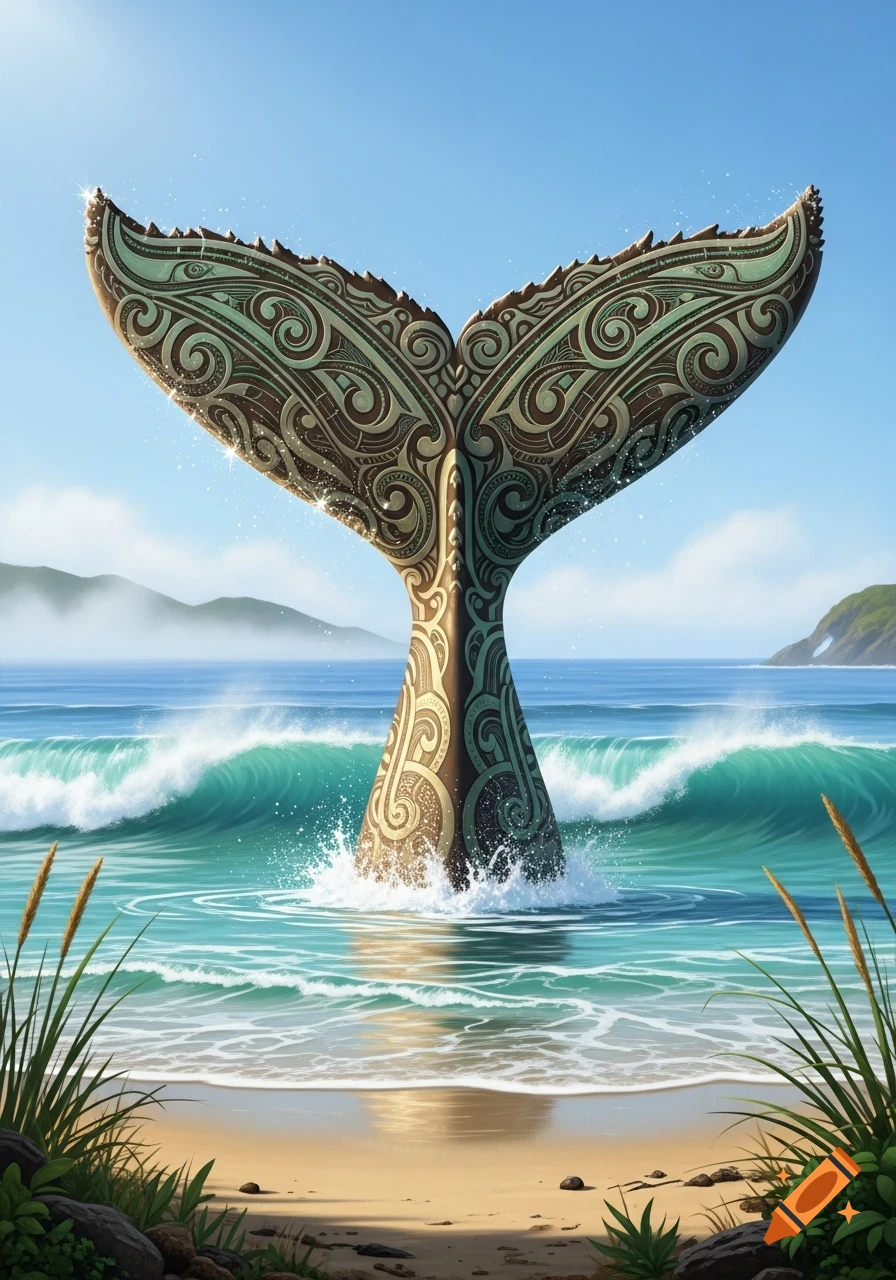 A majestically patterned Māori whale tail emerges from a turquoise ocean with waves, viewed from a sandy beach.