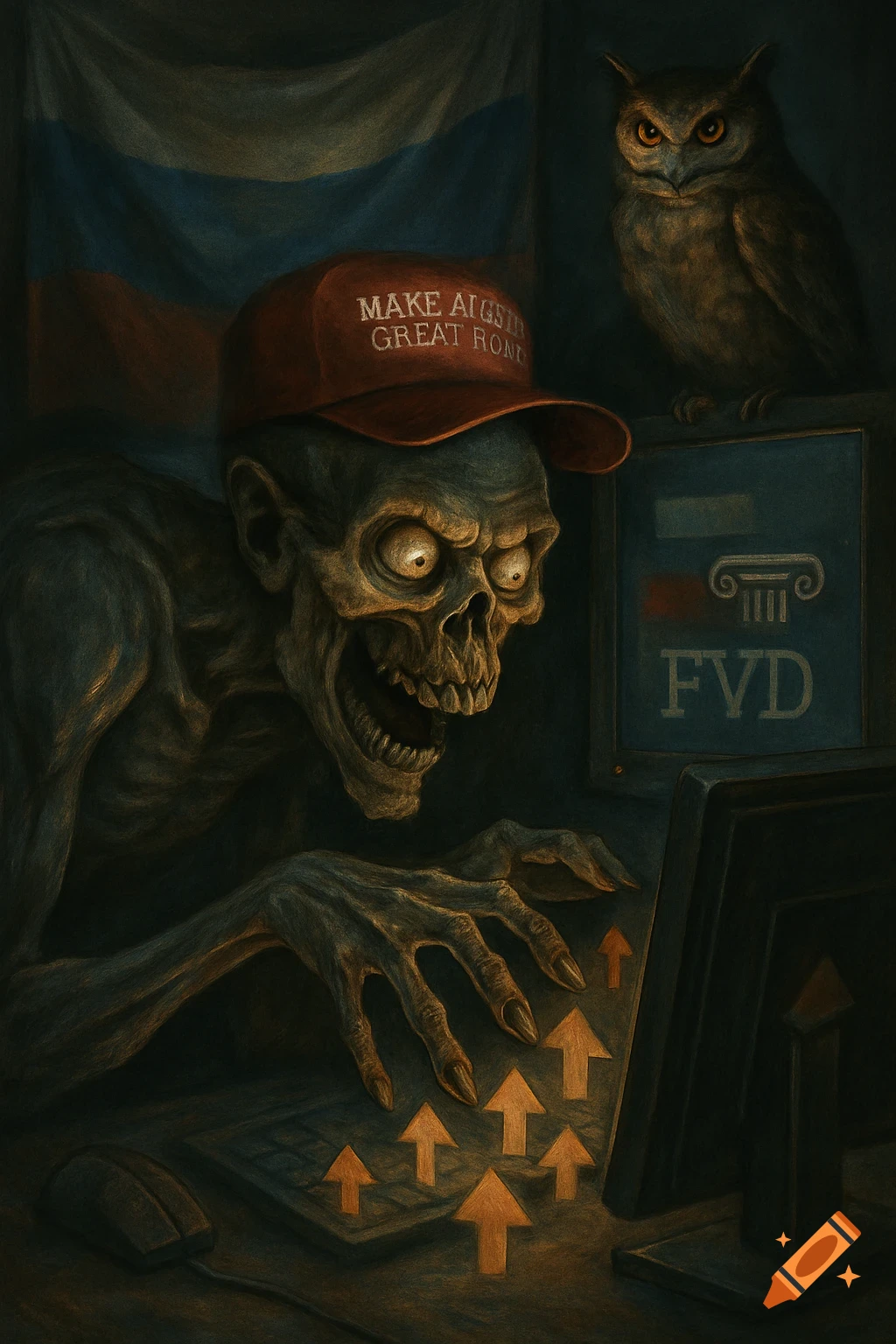 A creepy skeletal internet troll wearing a red cap with garbled text and an owl perched nearby, illuminated by glowing orange upvote arrows on a keyboard and monitor, with a Russian flag in the background.