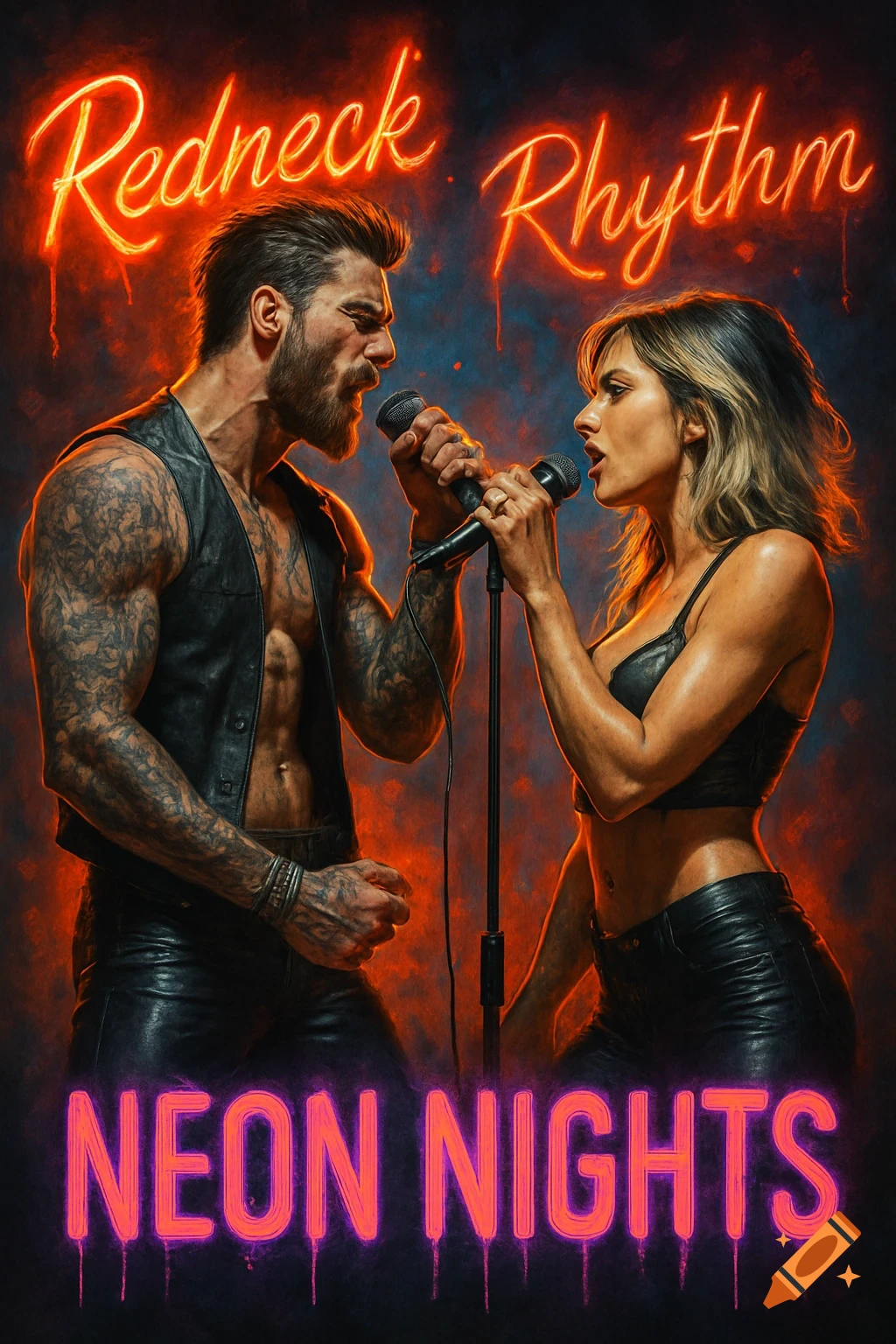 Two muscular rockers, a man in a leather vest and a woman in a leather crop top, sing into microphones under neon signs 'Redneck Rhythm' and 'NEON NIGHTS'.