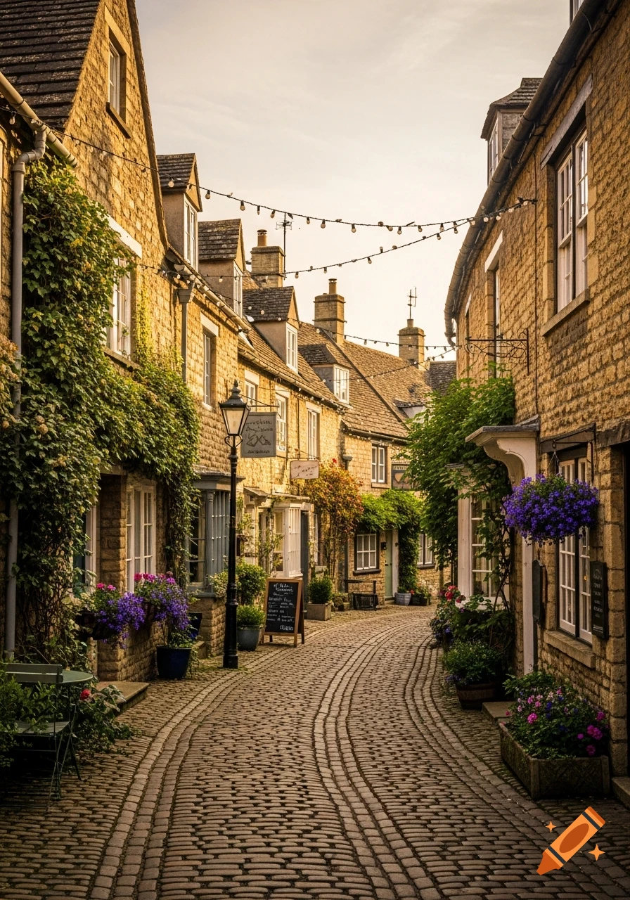 A charming cobblestone alley lined with old stone buildings covered in ivy and flowers, under a string of lights.
