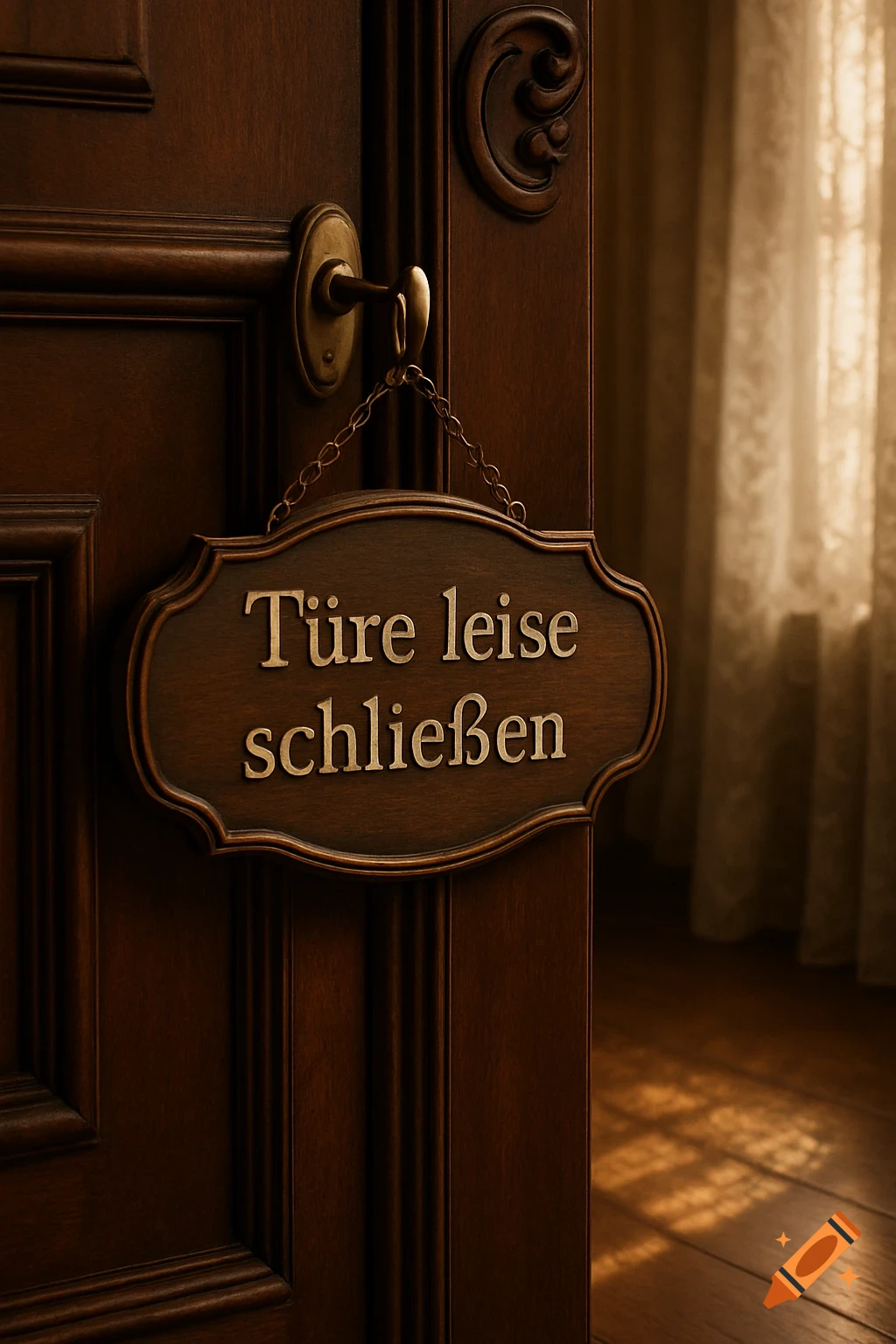 A close-up shot of a dark wooden door with a brass handle and a sign that reads 'Türe leise schließen' (Close door quietly) hanging from it. Sunlight filters through a curtain in the background.
