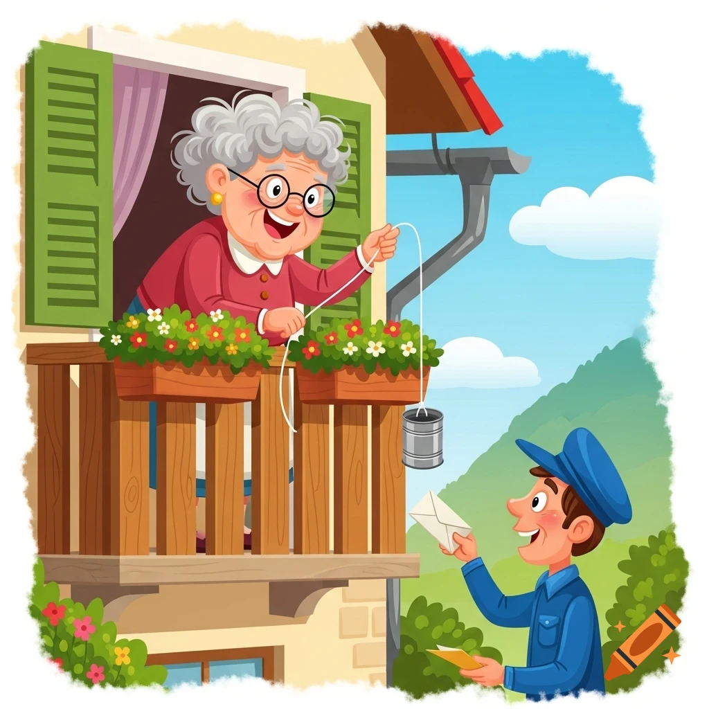 A smiling old woman on a balcony lowers a can on a string to a postman holding an envelope, cartoon style.