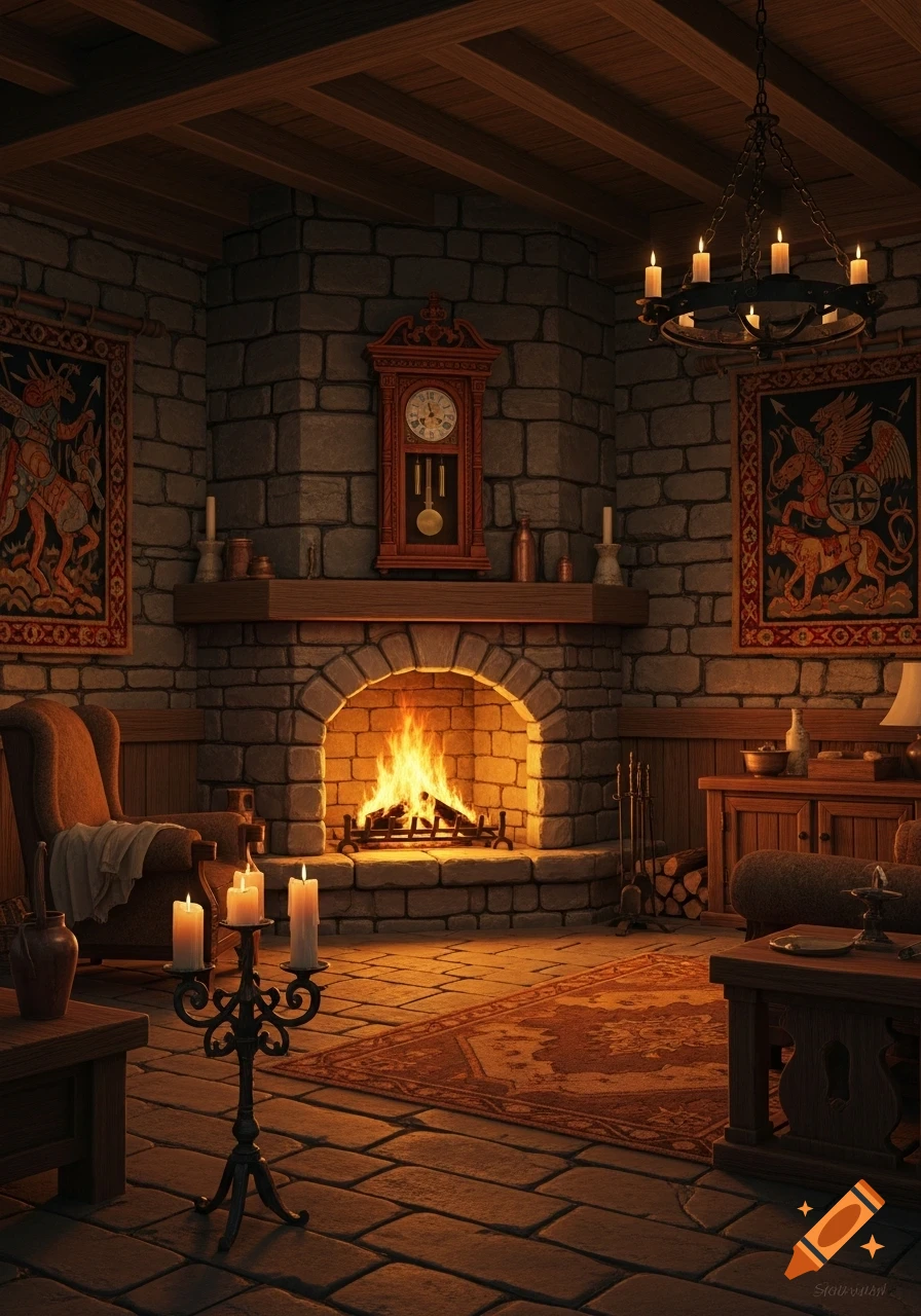 A medieval-style living room with a roaring stone fireplace in the corner, a grandfather clock, and tapestries on the stone walls, lit by firelight and candles.
