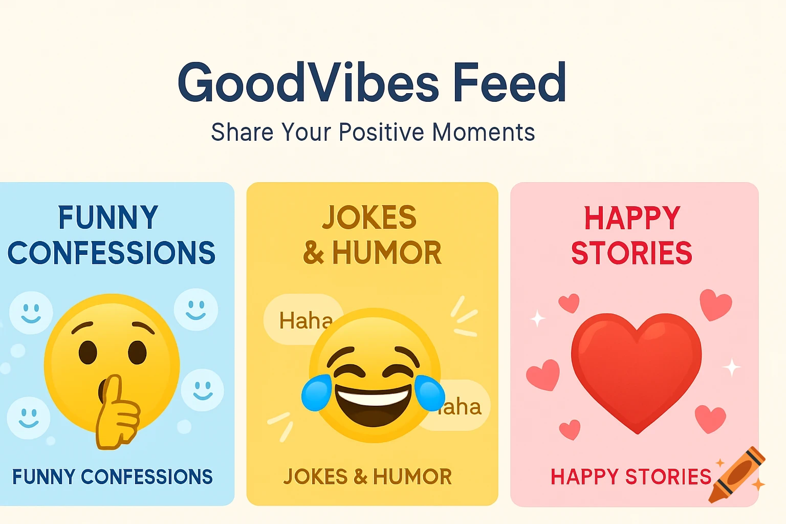 A clean website banner for "GoodVibes Feed" with the tagline "Share Your Positive Moments". It's divided into three sections: "Funny Confessions" with a whispering emoji, "Jokes & Humor" with a laughing emoji and "Haha" text, and "Happy Stories" with a red heart.
