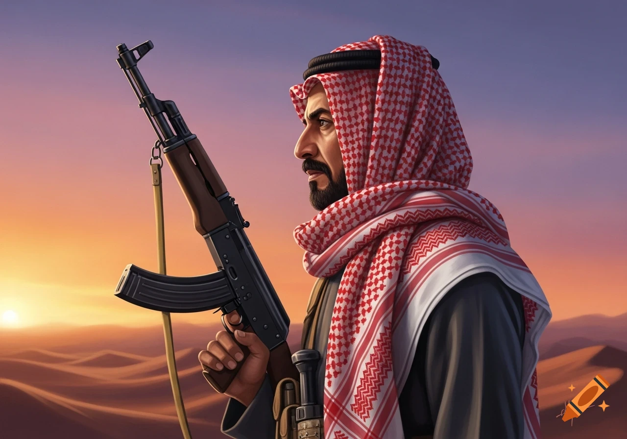 A detailed illustration of a Middle Eastern man in a red and white keffiyeh holding a rifle upwards in a desert at sunset.