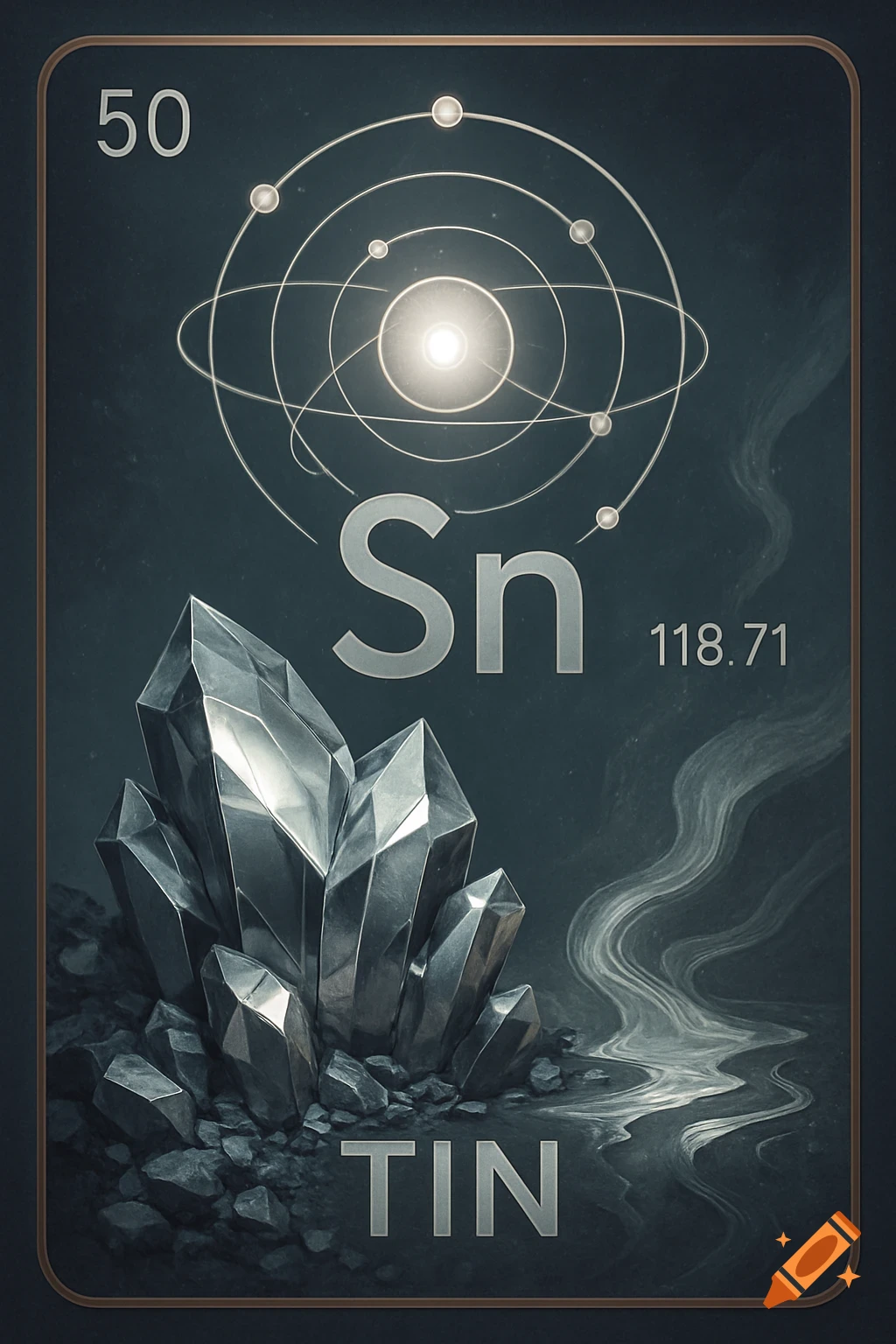 A stylized periodic table card for the element Tin (Sn) with its atomic number, mass, an atomic model, and a cluster of metallic crystals.