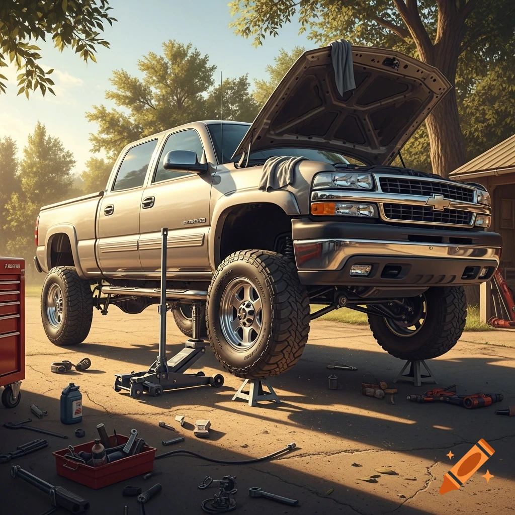 A photorealistic lifted gray Chevrolet Silverado pickup truck on a jack with its hood open, surrounded by tools on a paved driveway.