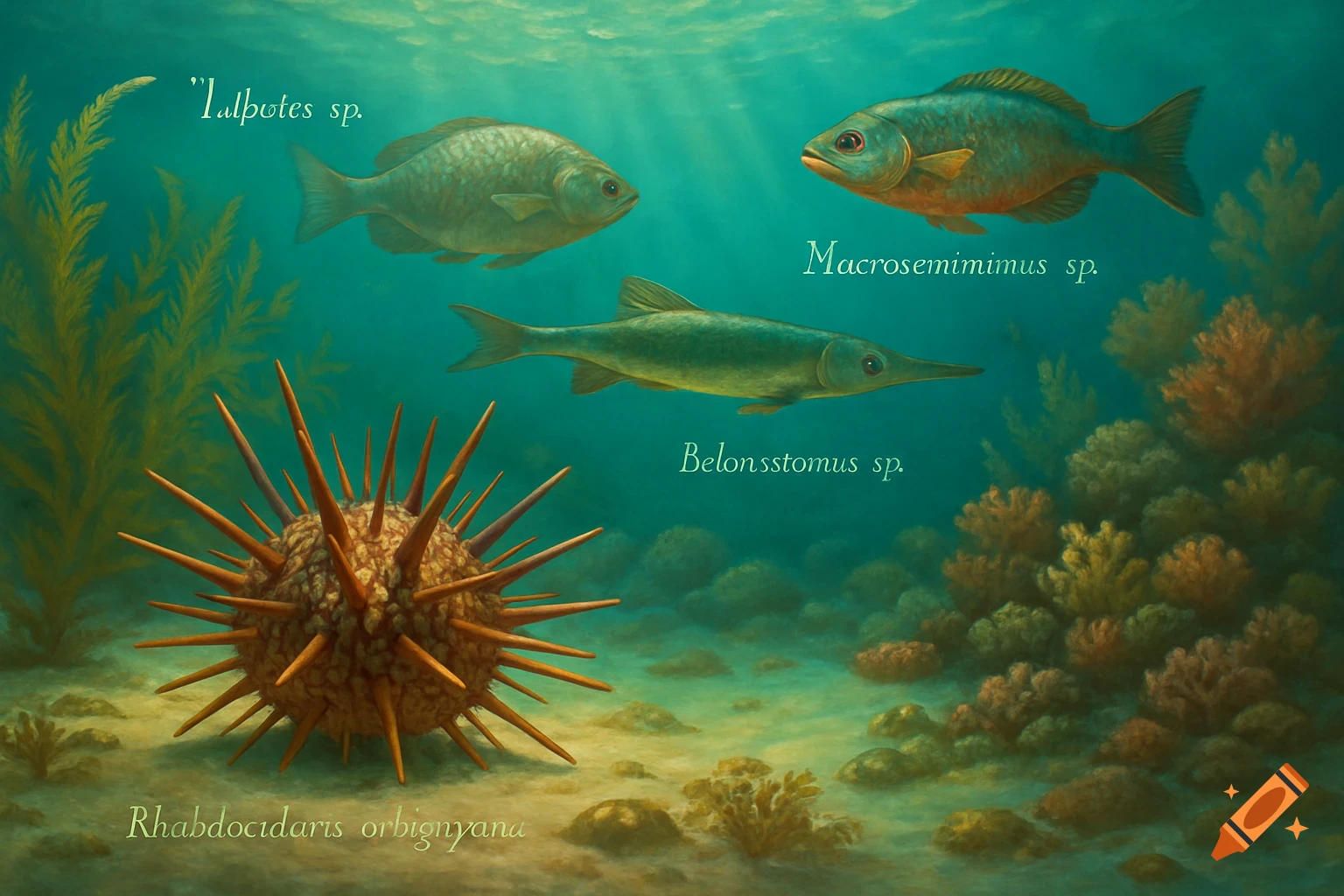 An underwater illustration of prehistoric marine life, showing various fish species and a spiky Rhabdocidaris orbignyana on the seafloor.