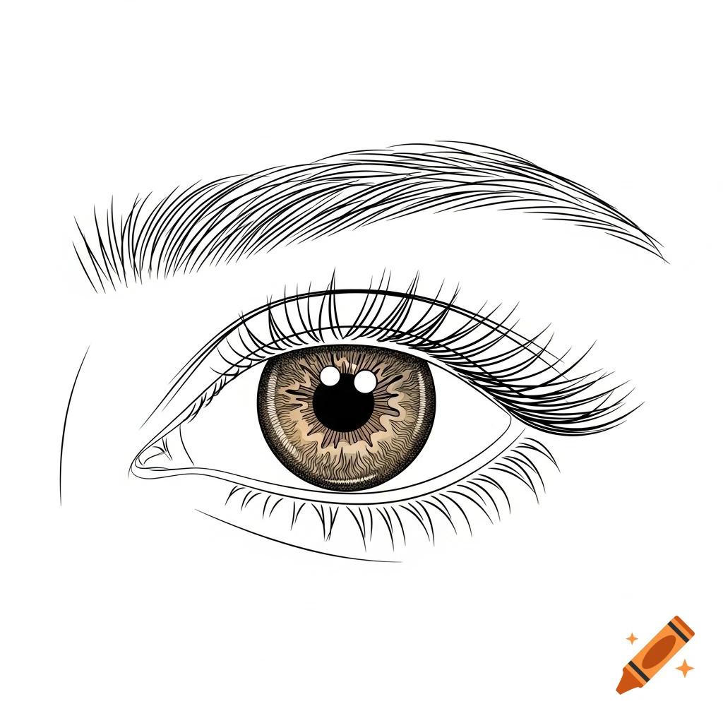 A detailed line drawing of an eye with a hazel iris and a thick eyebrow.