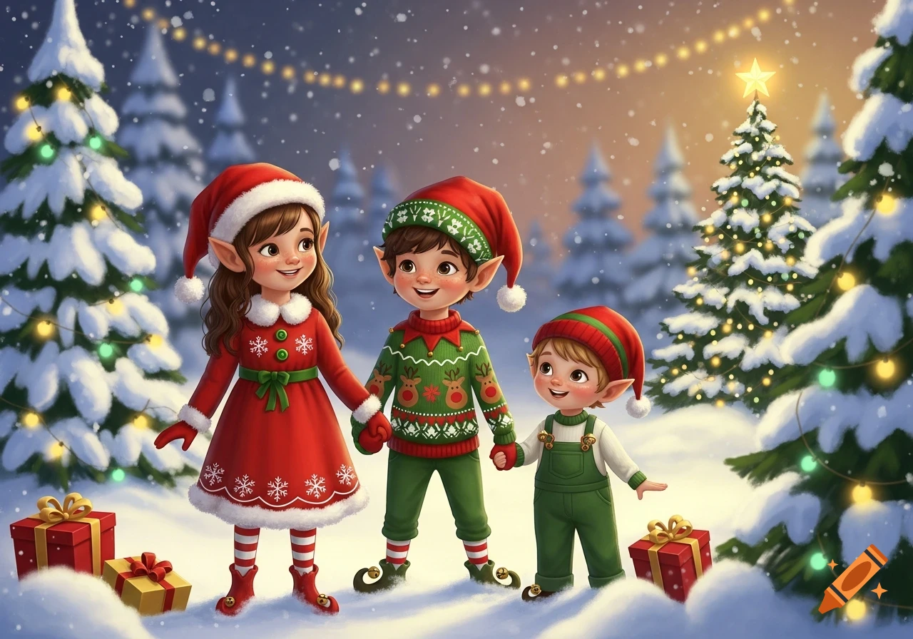 Three smiling cartoon elf children holding hands in a snowy Christmas forest with decorated trees and presents.