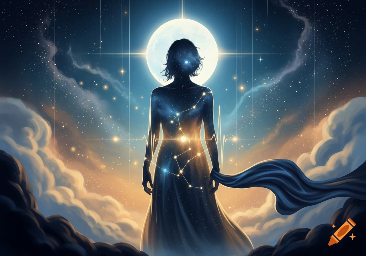 Ethereal woman's silhouette filled with stars, standing before a full moon in a starry, cloudy sky, with a visible heartbeat line.