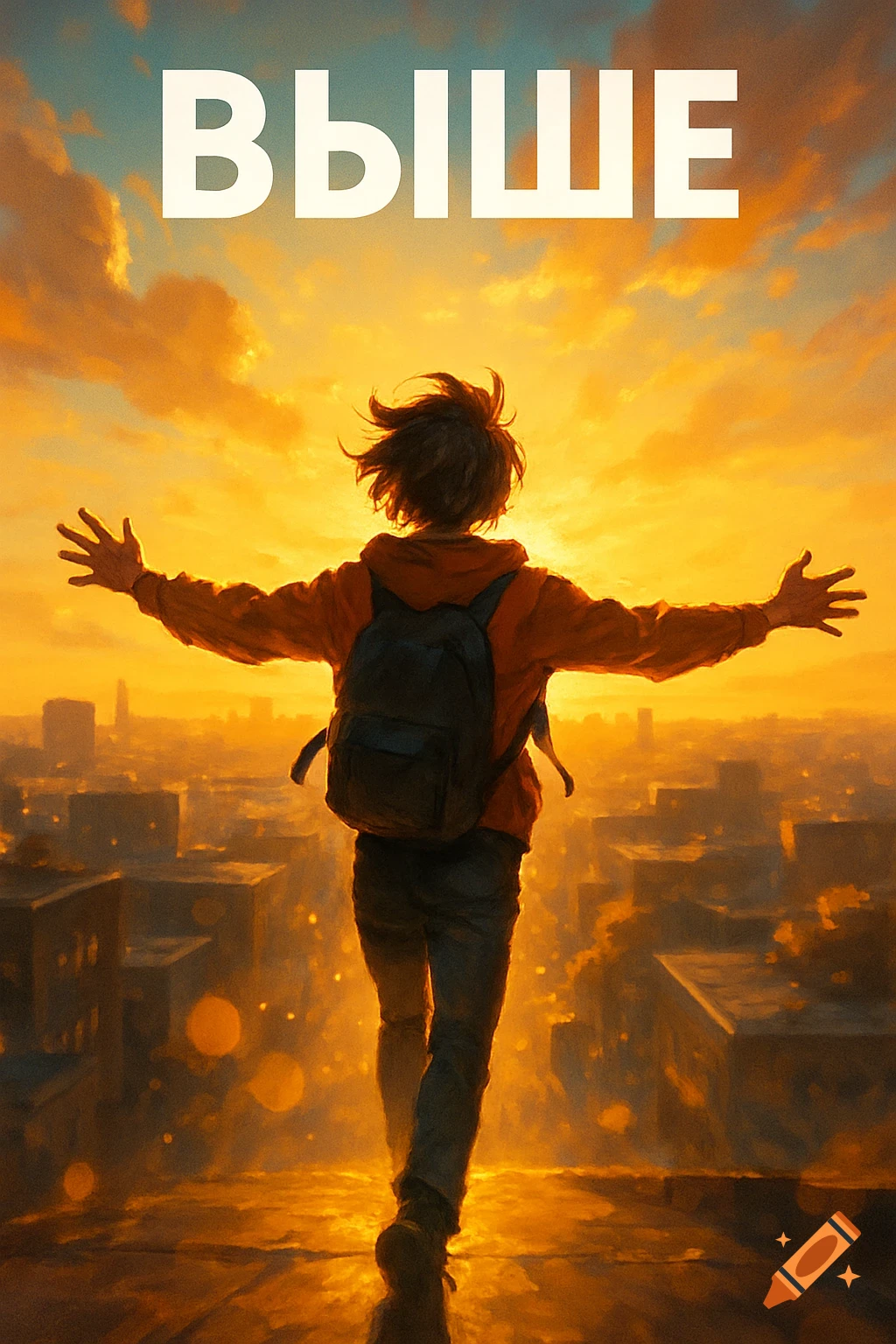 Digital art of a person on a rooftop overlooking a golden city at sunrise, arms outstretched, with the Russian word 'ВЫШЕ' at the top.