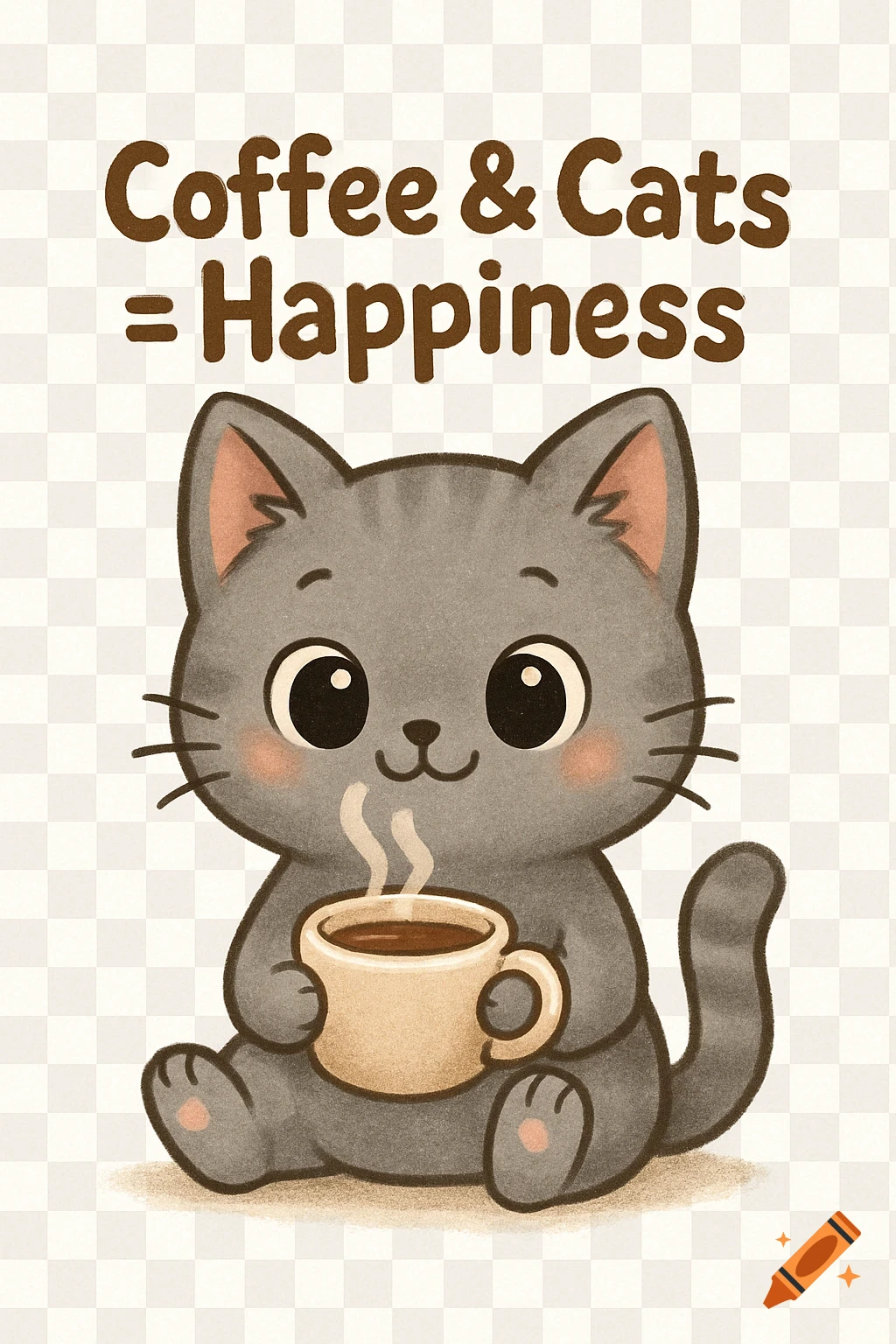 A cute gray cartoon cat sitting and holding a steaming cup of coffee, with the text 'Coffee & Cats = Happiness' above it.