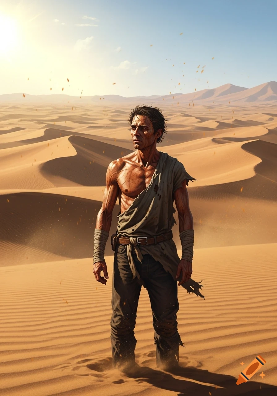 A gaunt man with weathered skin, wearing ragged clothes, stands in a vast, sunny desert with sand dunes.