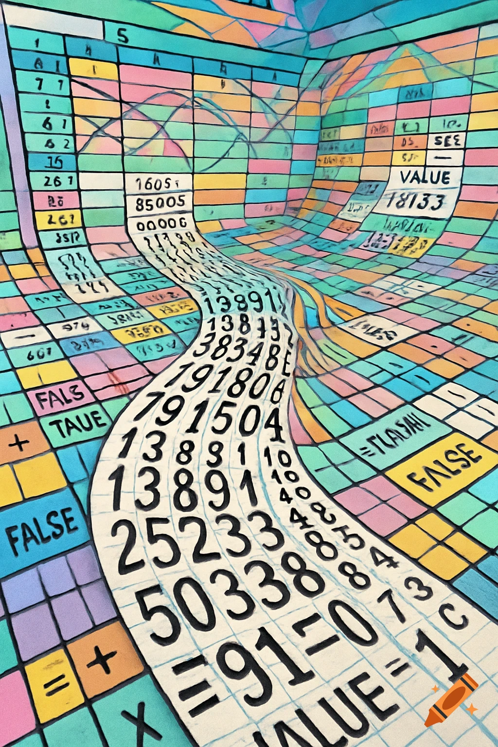 A vibrant, colorful spreadsheet is warped into a winding path, filled with legible and erroneous numbers, text like 'FALSE' and 'VALUE', and mathematical symbols.