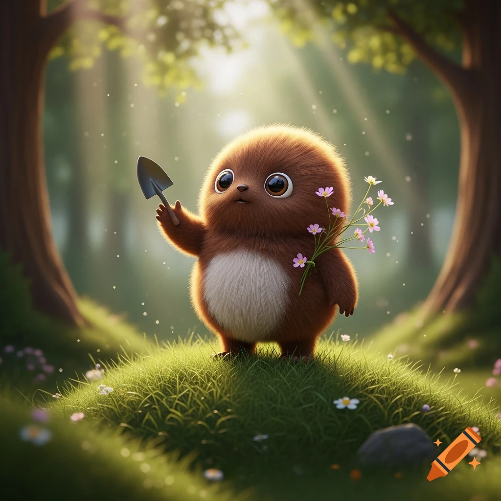 A cute, fluffy brown creature with big eyes holds a tiny shovel and flowers on a grassy hill in a sun-dappled forest.