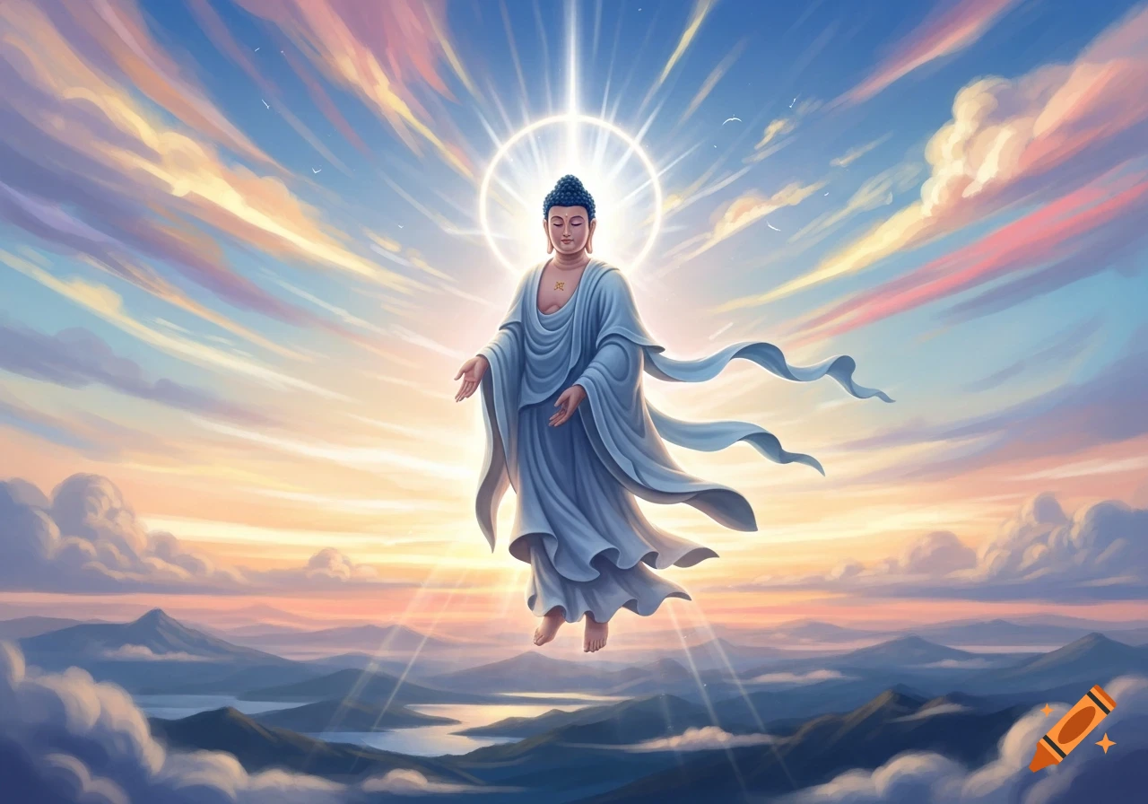 A radiant Buddha floats serenely in a blue and orange sky with glowing light rays, mountains, and clouds below.