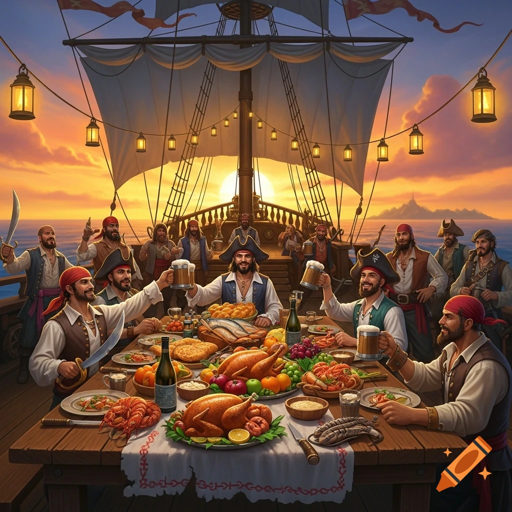Pirates feast on roasted turkeys and seafood aboard a ship at sunset, raising mugs in celebration.
