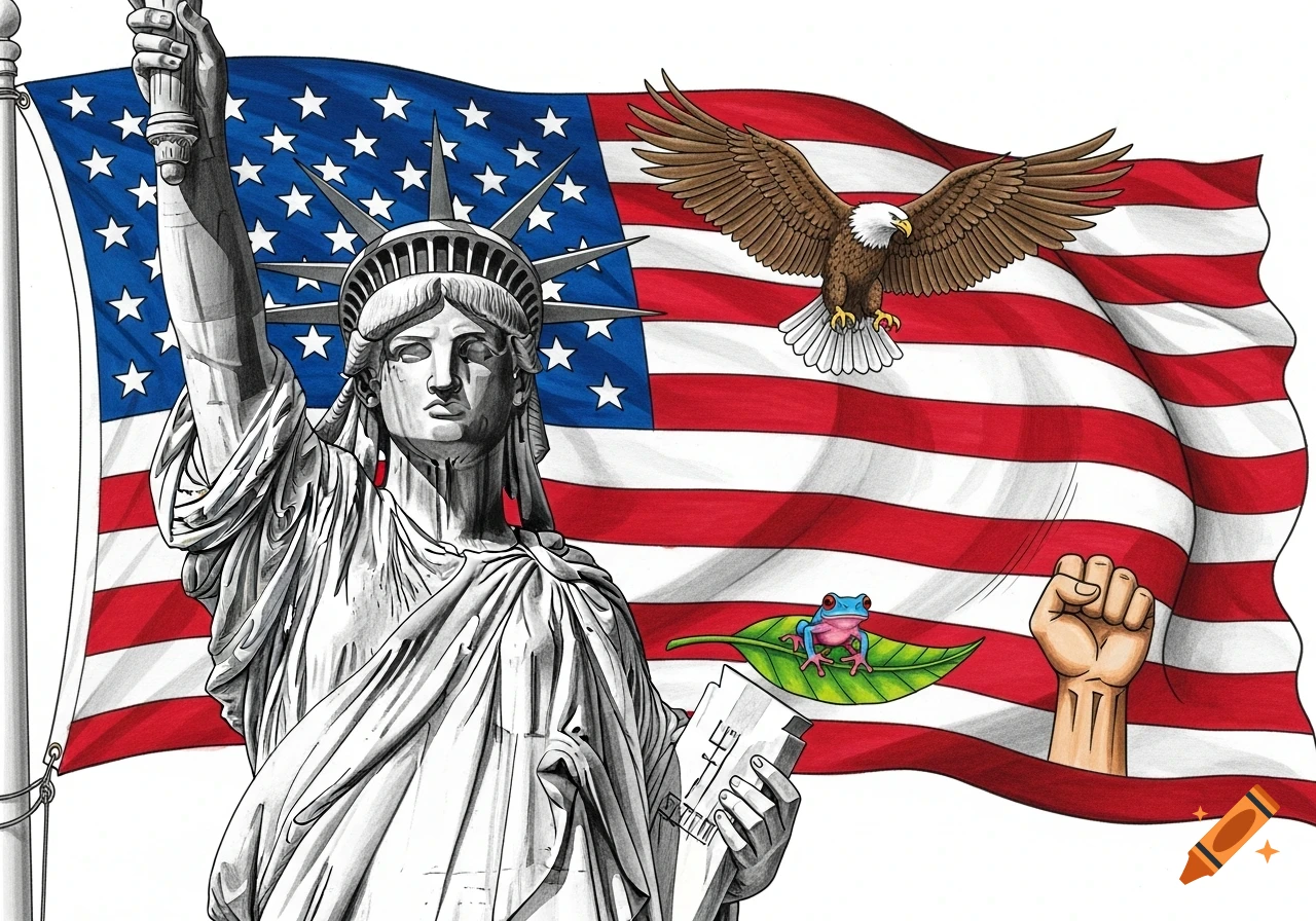 Detailed drawing of black and white Statue of Liberty and American flag with a bald eagle, a red-eyed tree frog, and a raised fist.