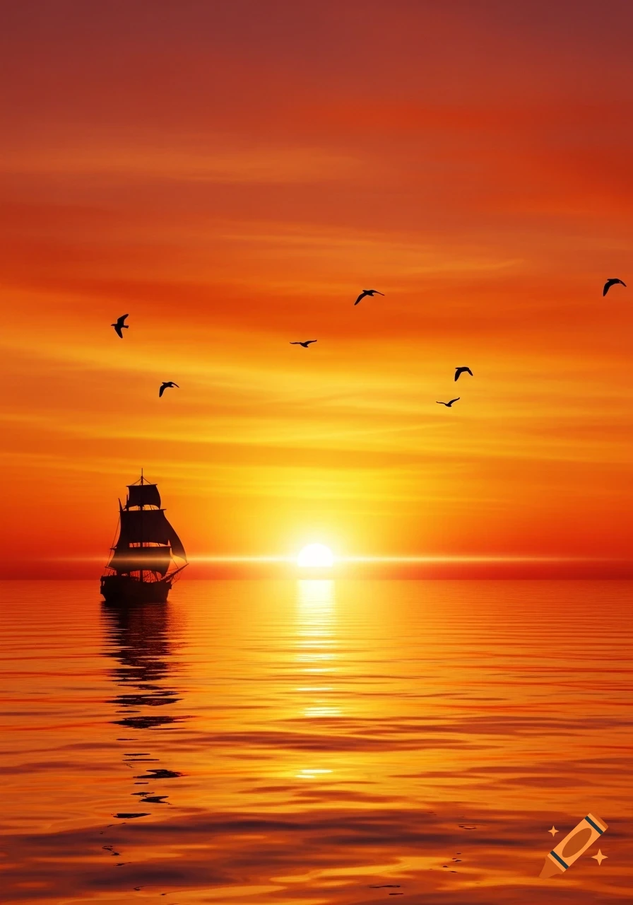 A vibrant sunset over the ocean, with a silhouetted caravel sailing on the water and birds flying across an orange and yellow sky.