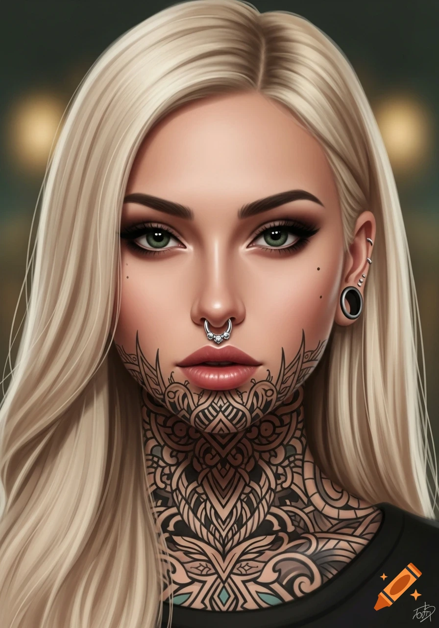 A digital art portrait of a blonde woman with green eyes, a silver septum piercing, and intricate black ornamental tattoos covering her chin and neck.