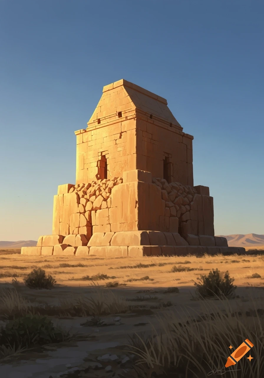 Ancient, tiered stone tomb in a dry desert, illuminated by warm light under a clear blue sky in a painterly style.