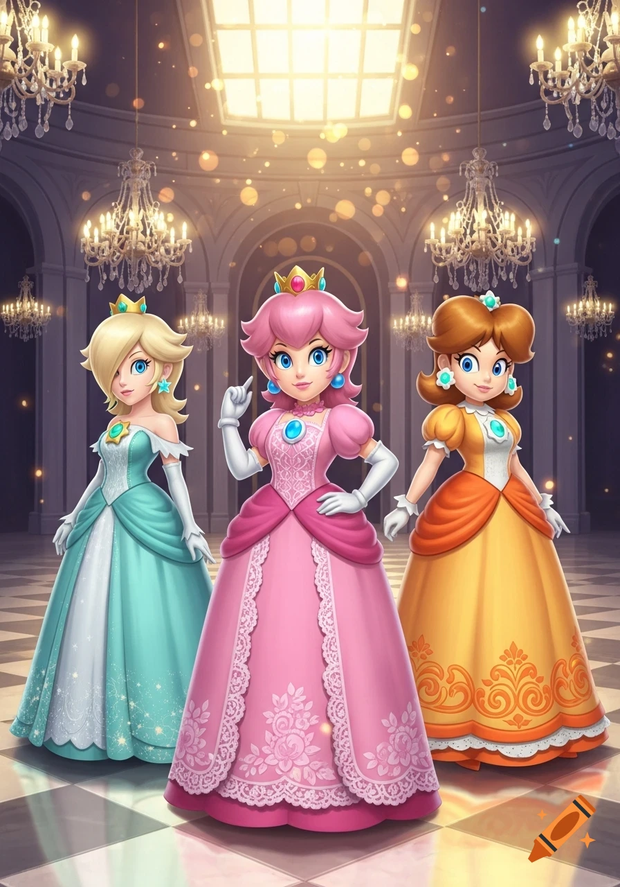 Princess Peach, Rosalina, and Daisy standing elegantly in colorful ballgowns inside a grand ballroom with chandeliers.