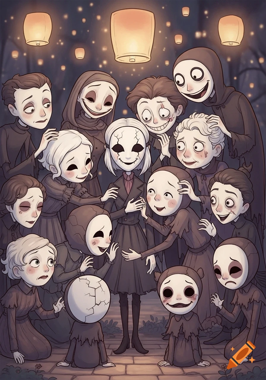 A crowd of stylized gothic characters, some masked and some unmasked with scars, gather under floating lanterns, looking at a central figure with a cracked mask in a Tim Burton-esque style.