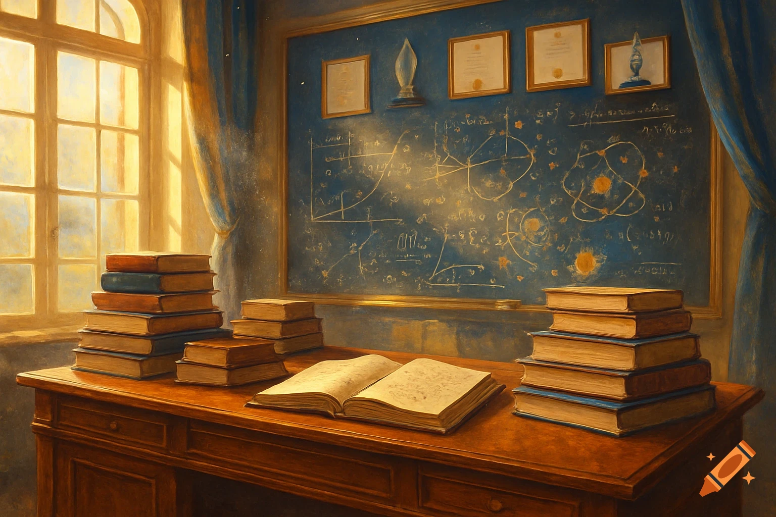 A painterly image of a study room with a wooden desk, stacks of books, an open book, a sunlit window, and a blackboard covered in equations and framed certificates.
