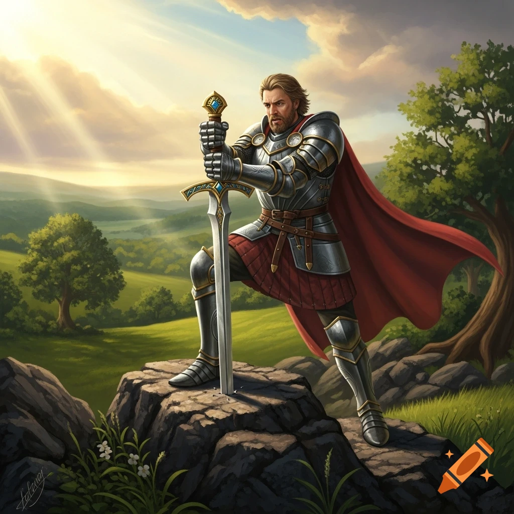 A knight in shining armor with a red cape stands on a rock, holding a sword impaled in the rock, against a vibrant green landscape with a bright sky.