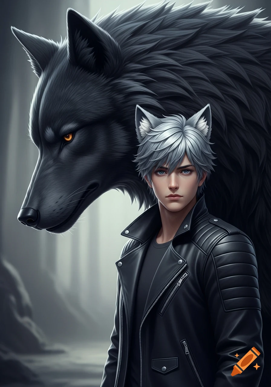 A silver-haired man with wolf ears and a black leather jacket stands with a large black wolf behind him, in a 3D anime style.