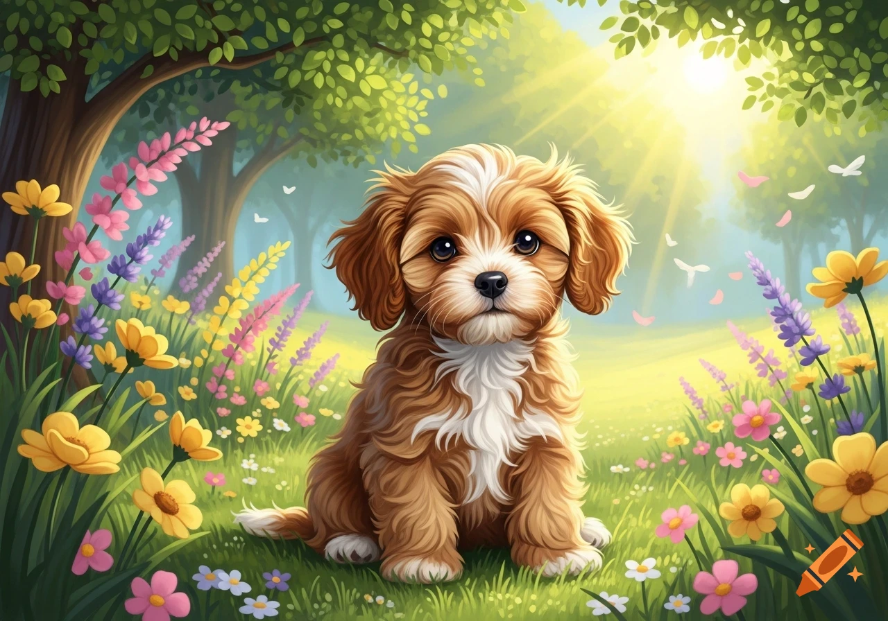 A fluffy brown and white cavapoo puppy sits in a vibrant meadow filled with colorful wildflowers, under a sunny sky.