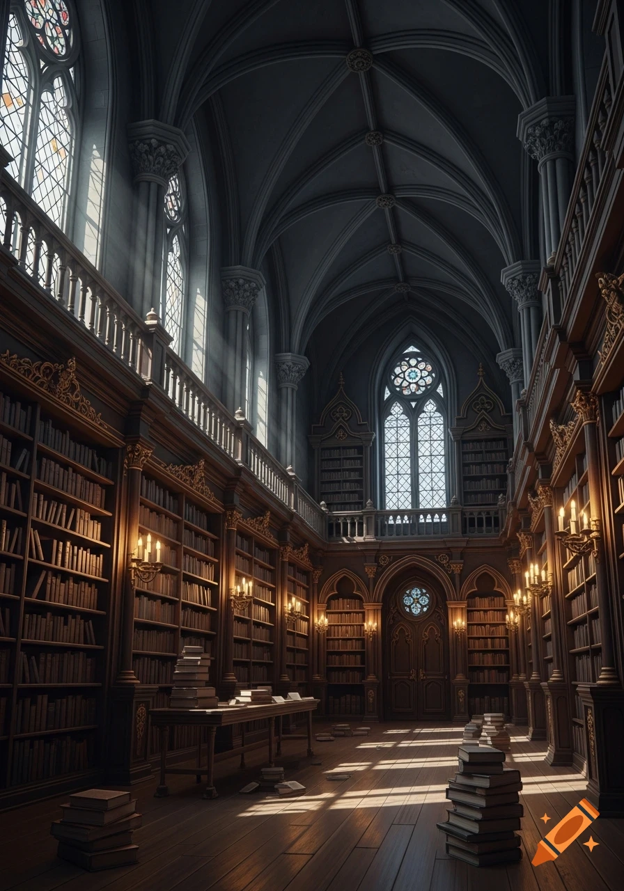 A grand gothic library with towering wooden bookshelves, ornate stained glass windows, and shafts of light illuminating the wooden floor.