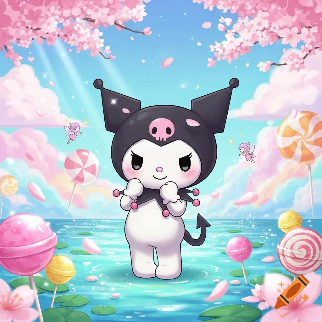 Kuromi stands in shallow water surrounded by lollipops, lily pads, pink cherry blossoms, and flying fairies under a bright sky.