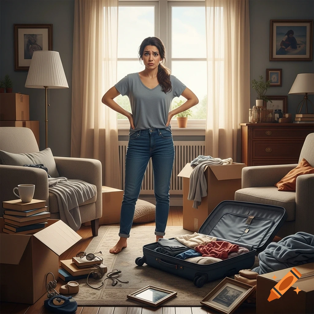A frustrated woman stands barefoot in a living room filled with unpacked moving boxes, a suitcase open on the floor.