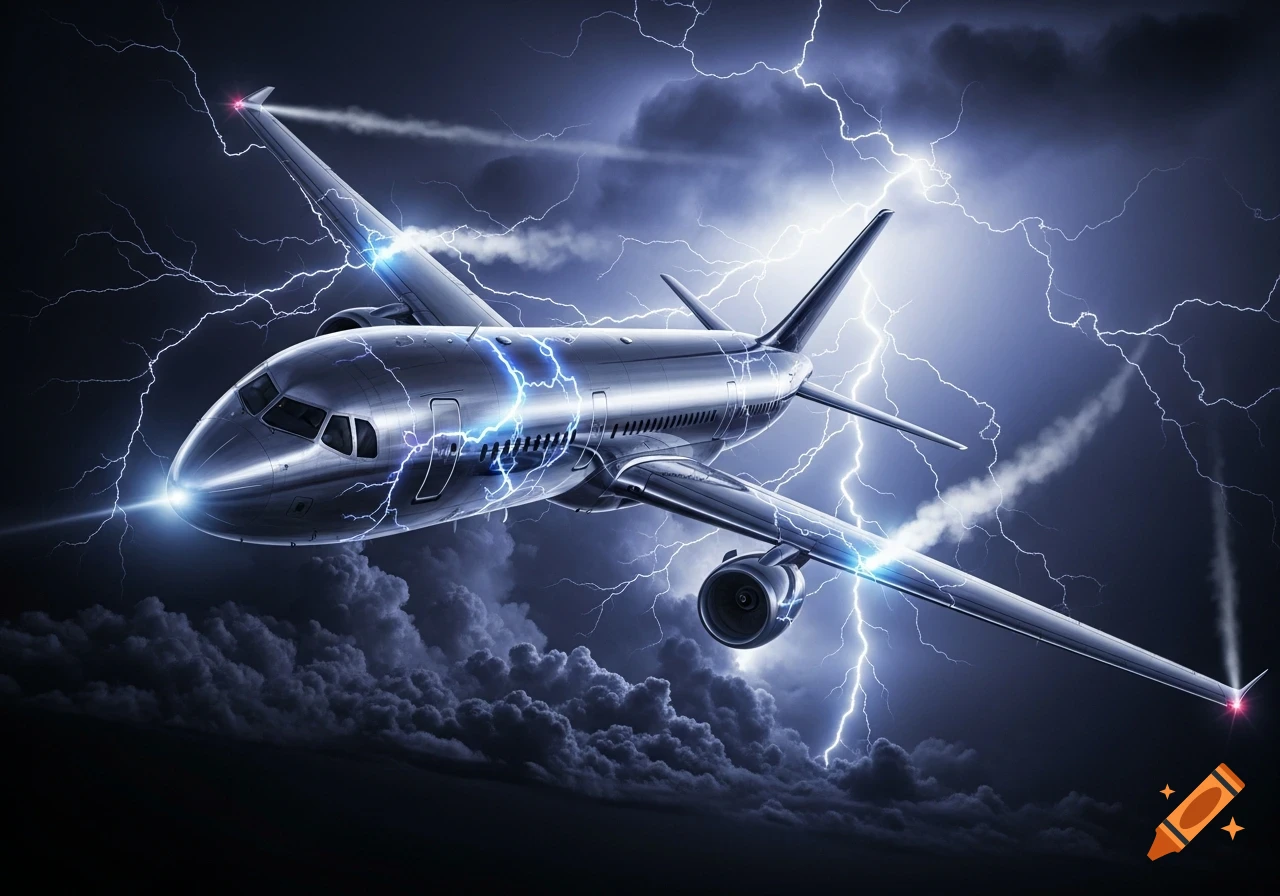 A silver airplane flying through a dark, turbulent sky illuminated by numerous lightning bolts.