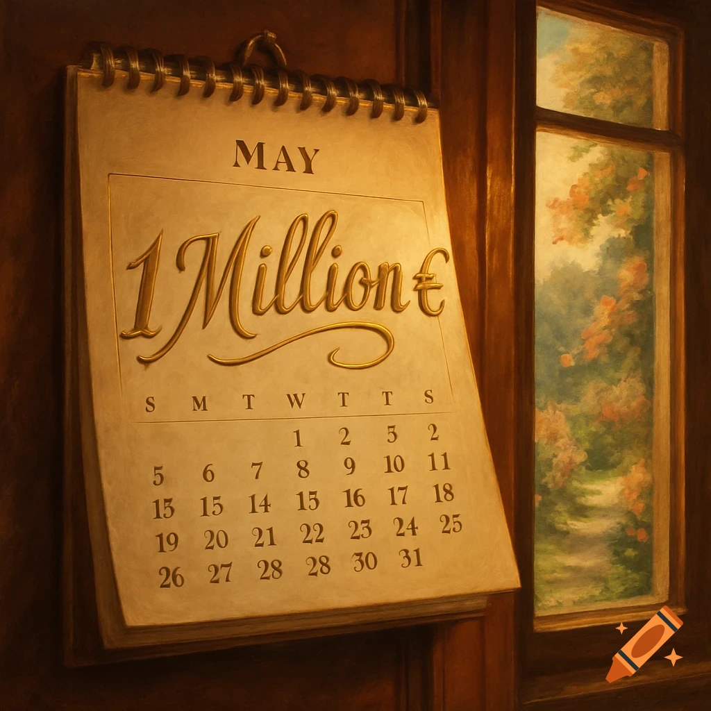 A stylized painting of a May calendar on a wooden door, with '1 Million €' in gold, next to a window overlooking a garden.