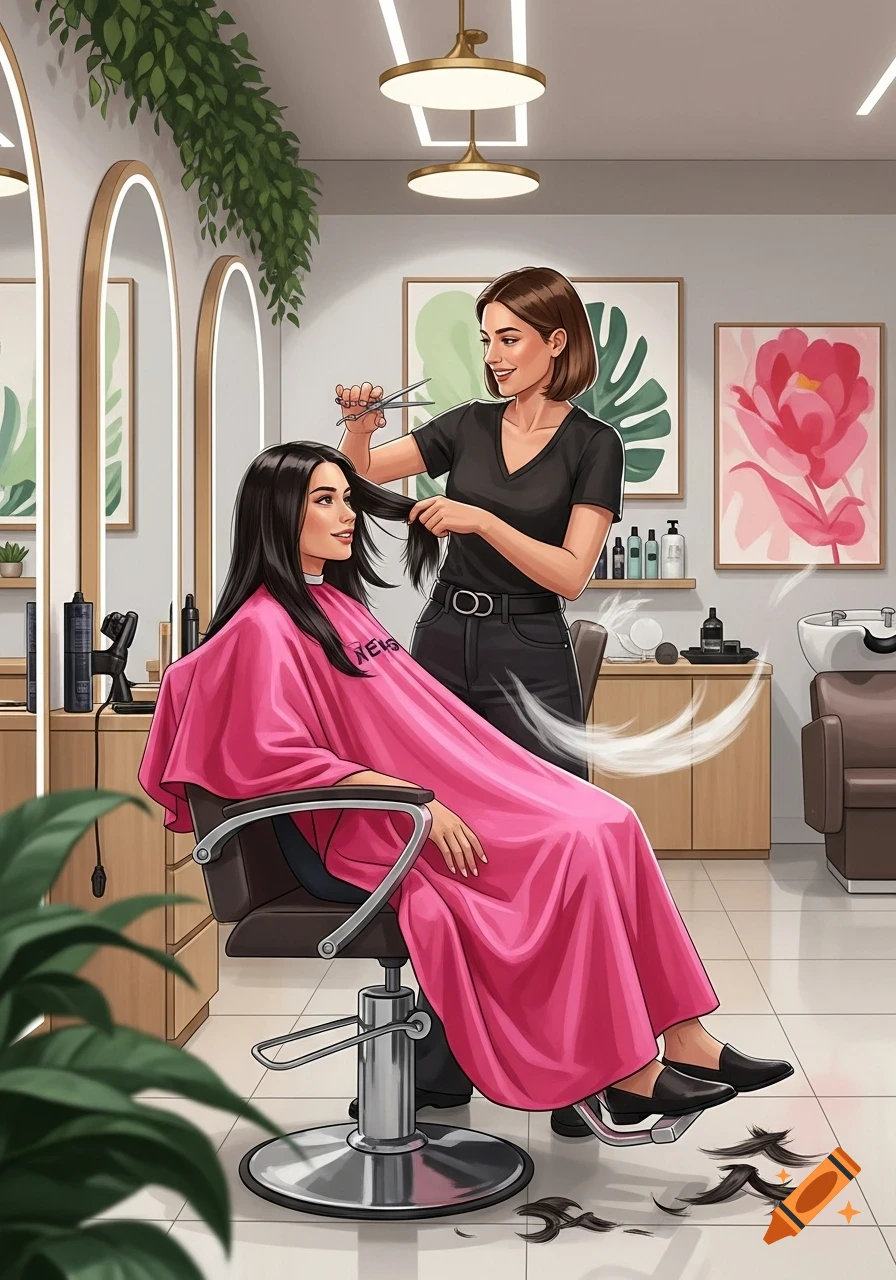 An illustration of a woman in a pink cape getting her hair cut by a stylist in a modern hair salon.
