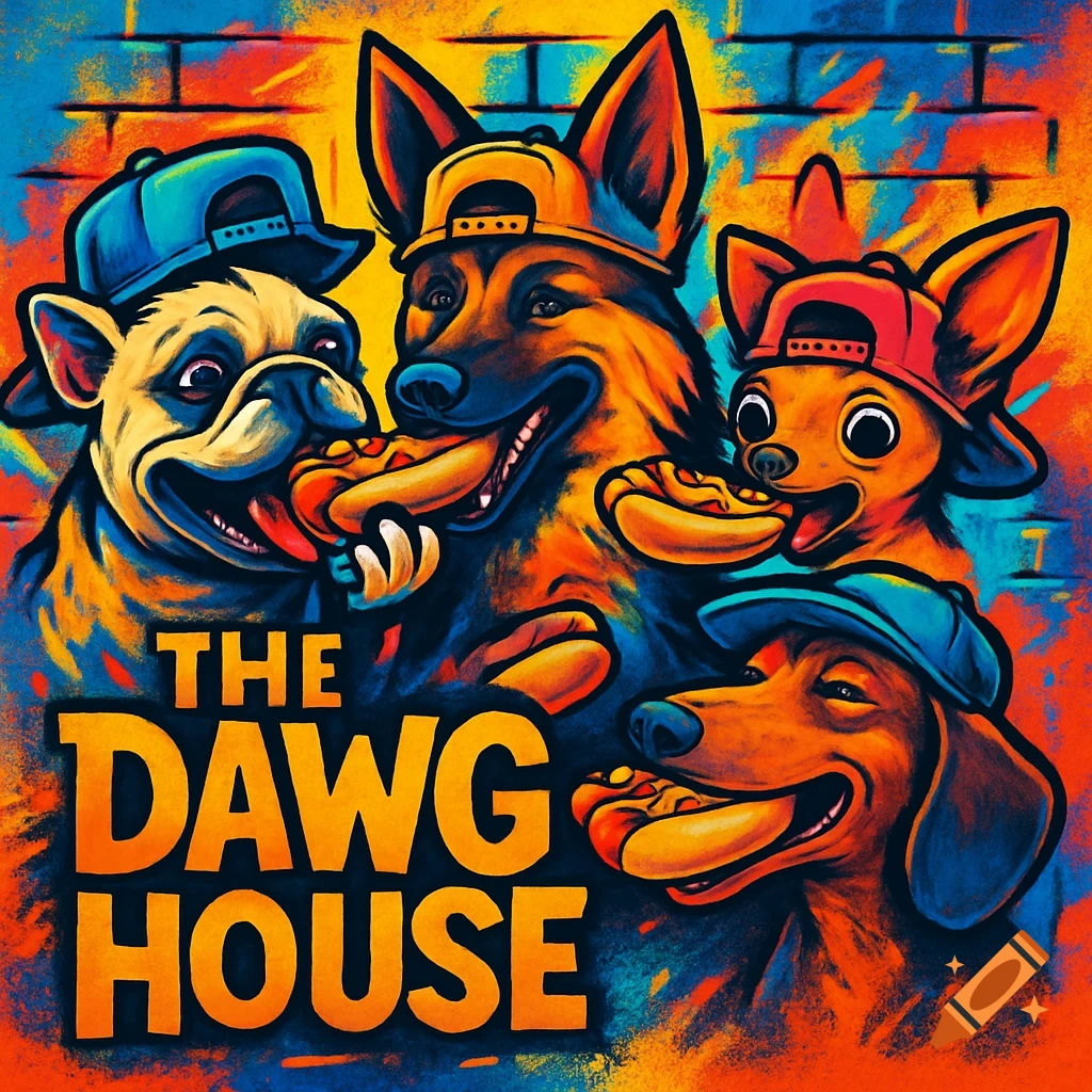 A vibrant, urban art logo features four cartoon dogs (French Bulldog, German Shepherd, Chihuahua, Dachshund) in hats eating hotdogs, with "THE DAWG HOUSE" text.