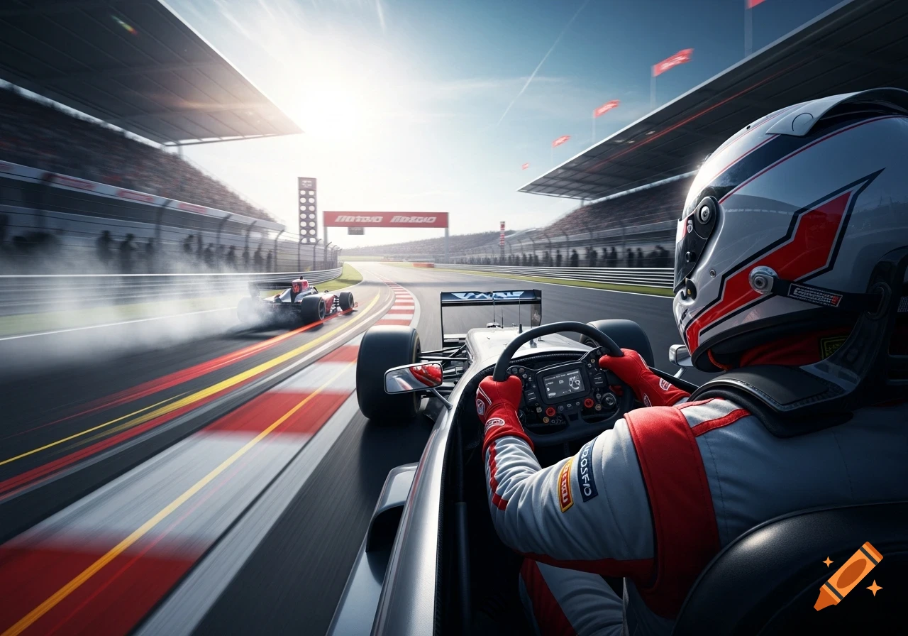 A close-up, first-person view of a Formula 1 driver racing on a sunny track with another car in the distance.