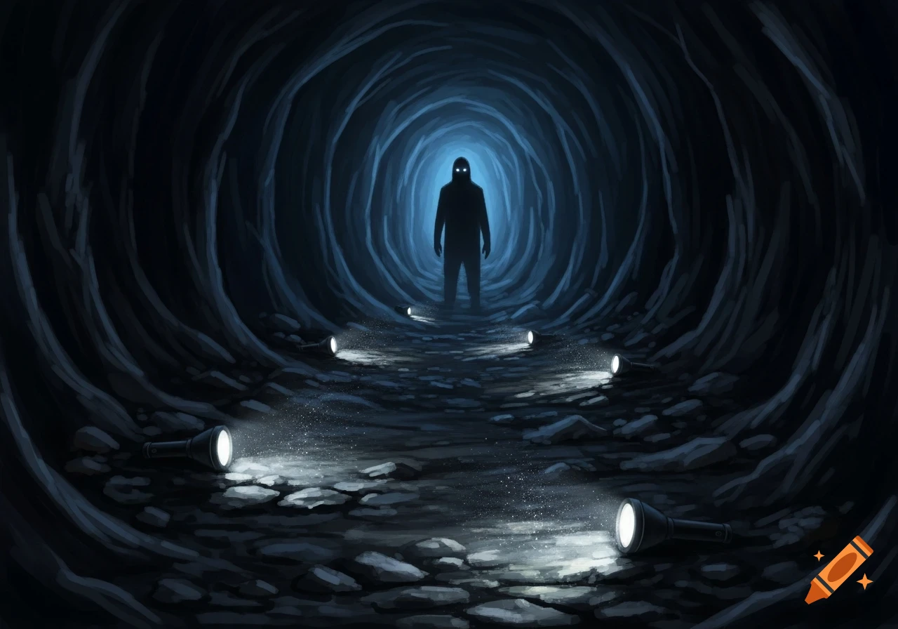 An eerie, illustrative image of a shadowy figure with glowing white eyes standing in a dark, winding cave, with abandoned lit flashlights on the rocky ground.