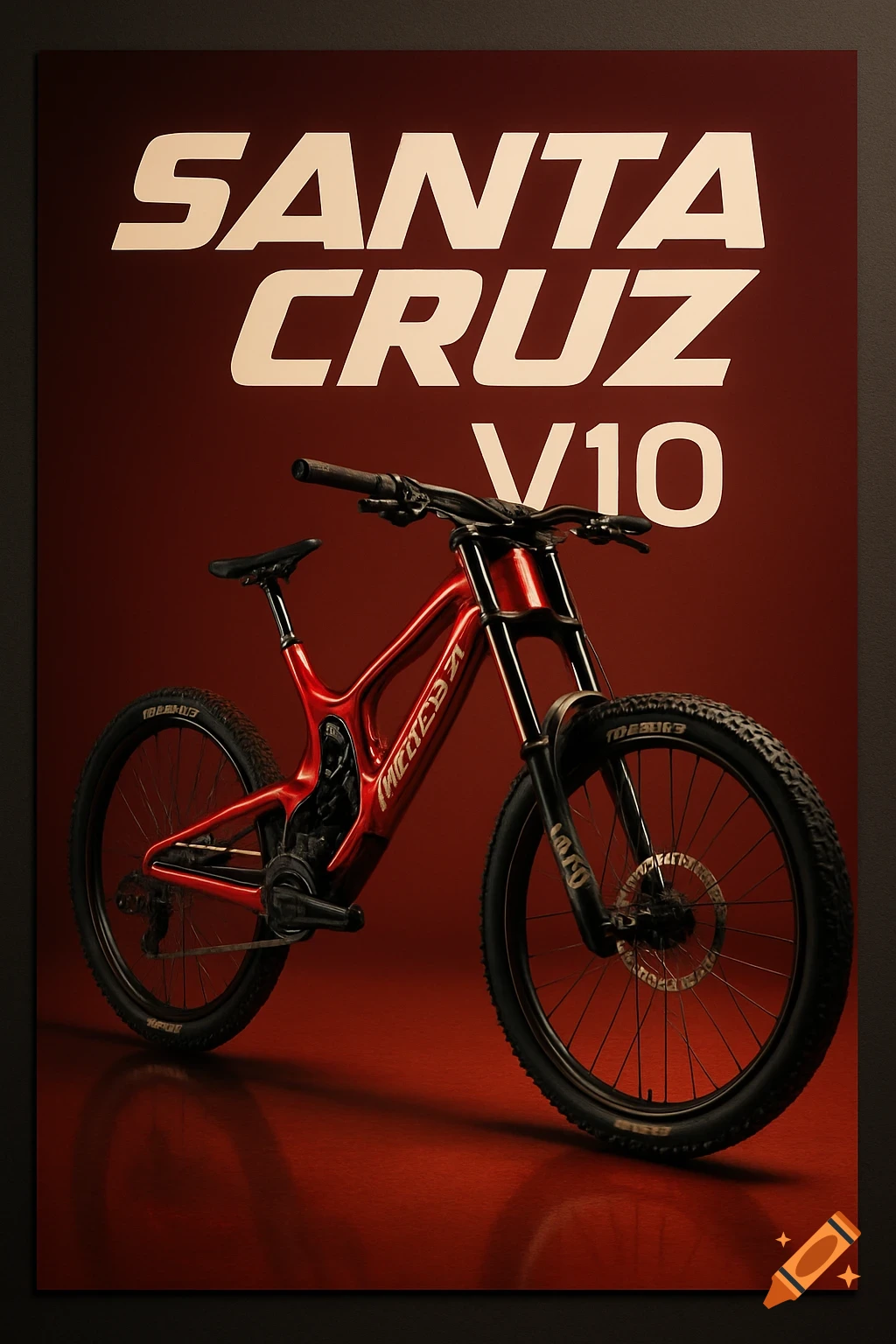 A red Santa Cruz V10 downhill mountain bike on a professional poster, with "SANTA CRUZ V10" text above it.