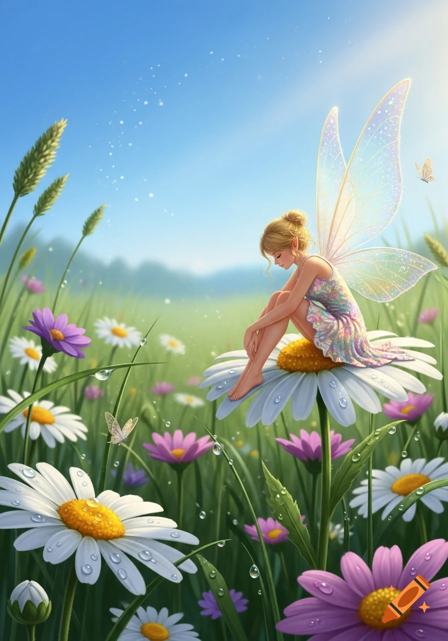 A whimsical fairy with sparkling wings sits on a large white daisy in a vibrant, dewy field of colorful flowers under a bright blue sky.