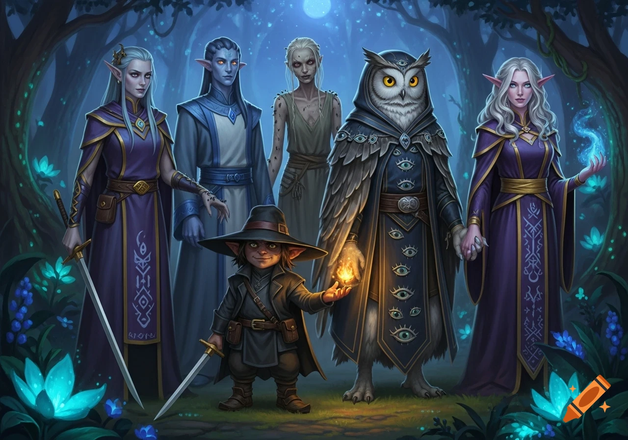 A fantasy party in a dark forest at night with a halfling rogue, owl druid, gaunt human, blue male elf cleric, and a blonde female elf warlock.