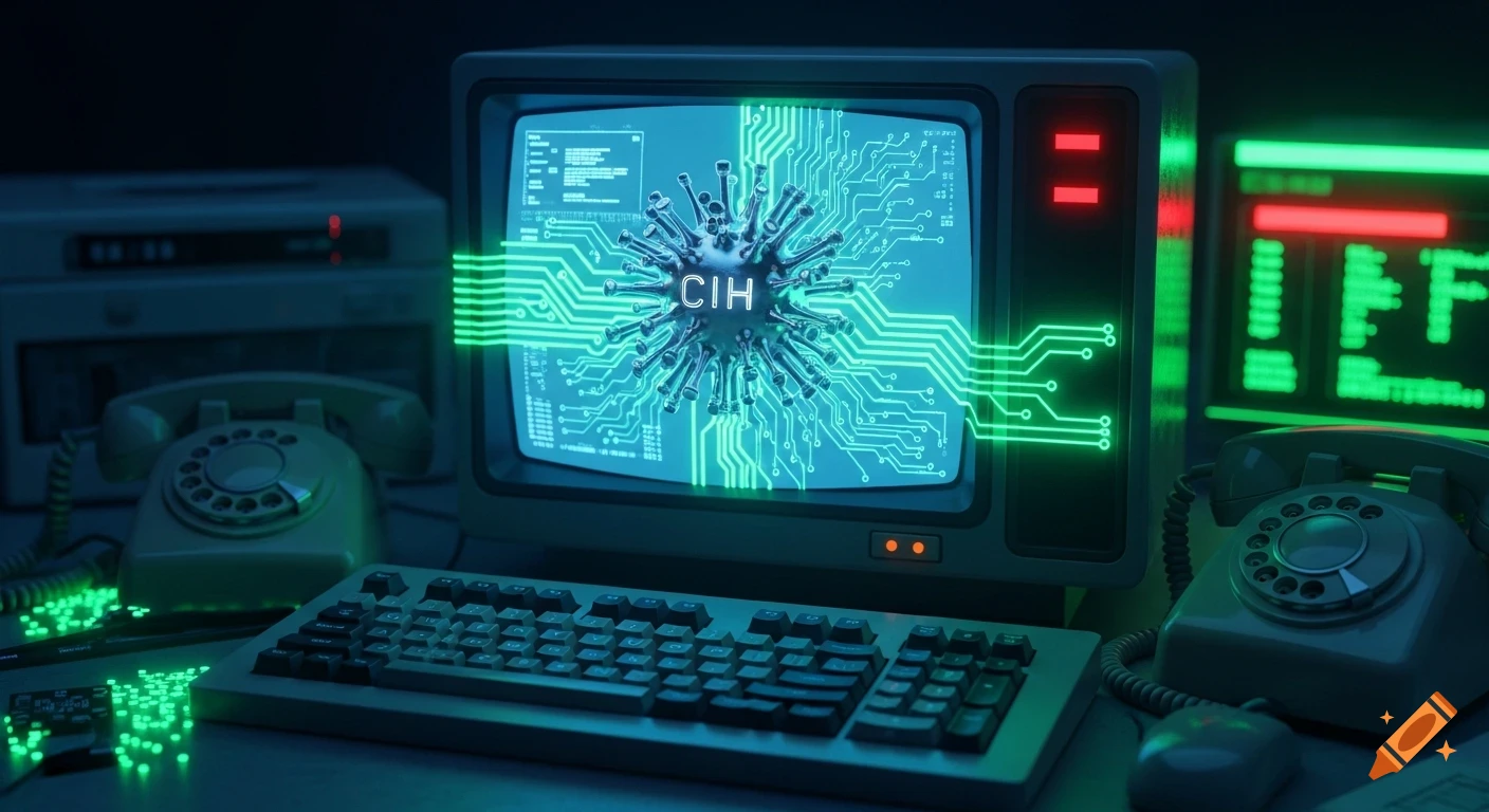 A photorealistic render of a retro 1980s computer setup with the CIH virus displayed on the monitor, surrounded by glowing circuit lines.