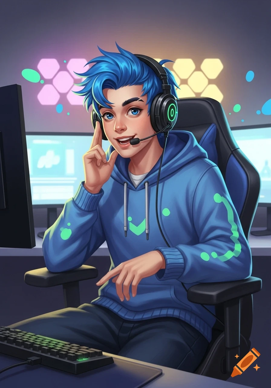 Anime-style illustration of a smiling young male gamer with blue hair, wearing a blue hoodie and gaming headset, at a computer.